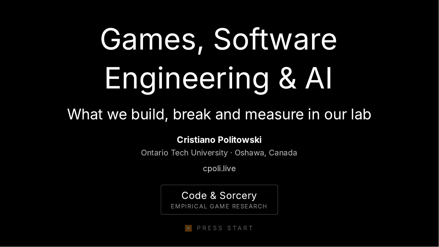 Title slide reading 'Games, Software Engineering & AI — What we build, break and measure in our lab'